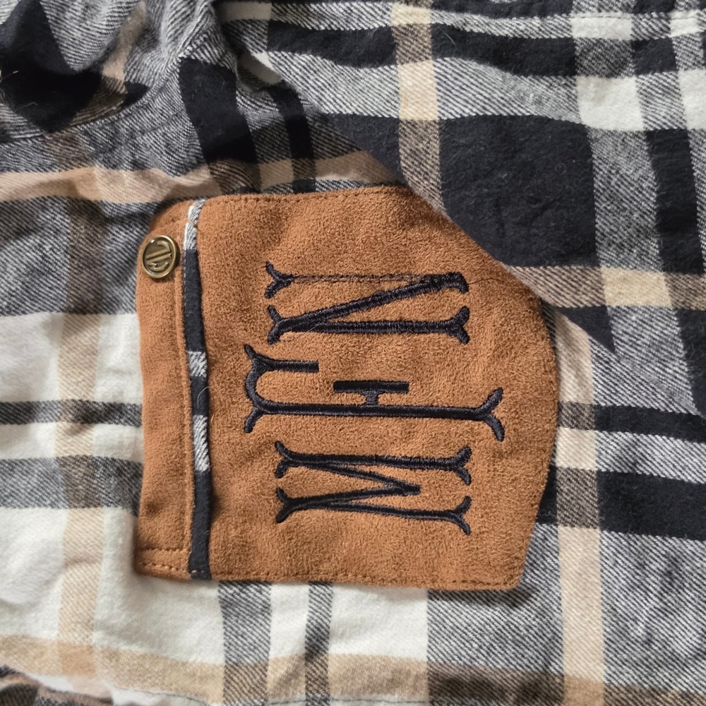 Marleylilly Womens Plaid Flannel Shirt Black Tan Monogram MFN Suede Pocket S - Picture 2 of 6